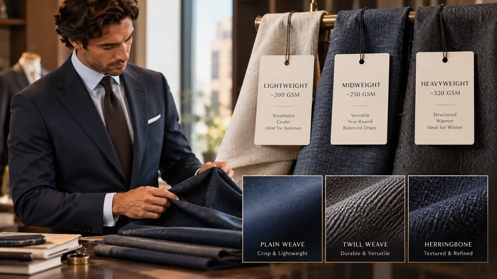 Suit Fabric Weight Explained: How GSM, Weight & Weave Affect Comfort and Drape
